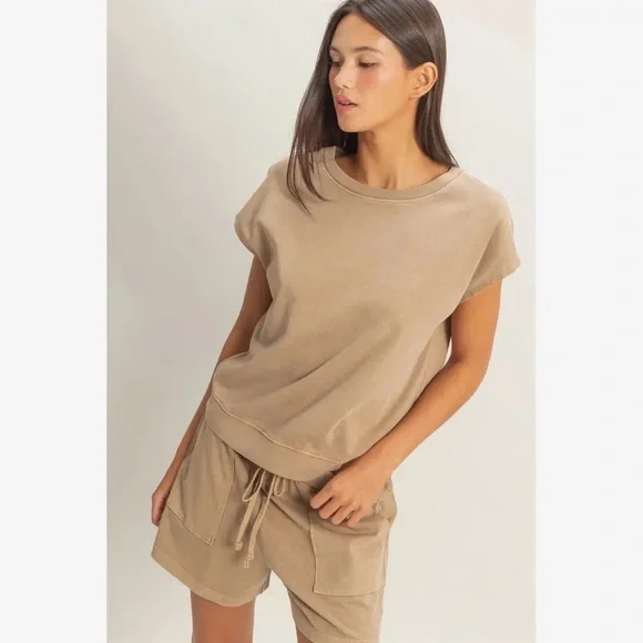 Coral pink mineral cotton washed sweatshirt top and short boho lounge Set - Picture 3 of 5